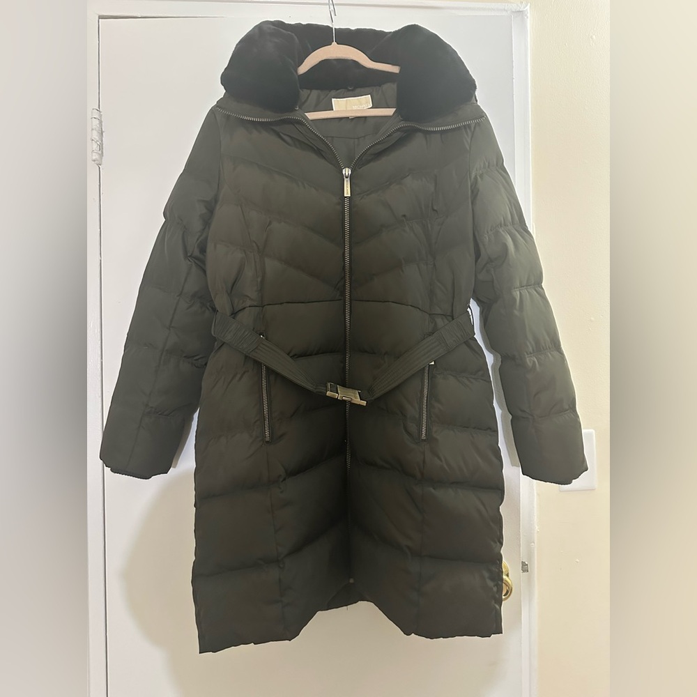 Michael Kors Dark Green Puffer Jacket with Belt